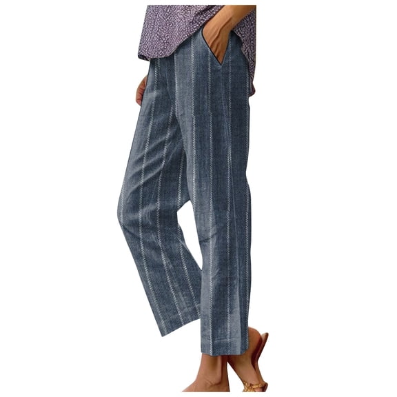 Fsqjgq Women's Pants Vacation Bottoms Business Professional Outfits White Summer Pants Women Casual Linen Pants Striped Yoga Pants Loose Straight Leg Folded Casual Pants Pockets Baggy Trousers S