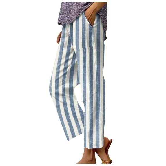 Fsqjgq Women's Pants White Pants Slacks Straight Leg Pants Women Trousers Casual Linen Pants Spring Summer Striped Yoga Pants Loose Fit Straight Leg Folded Casual Pants Pockets Baggy Trousers M