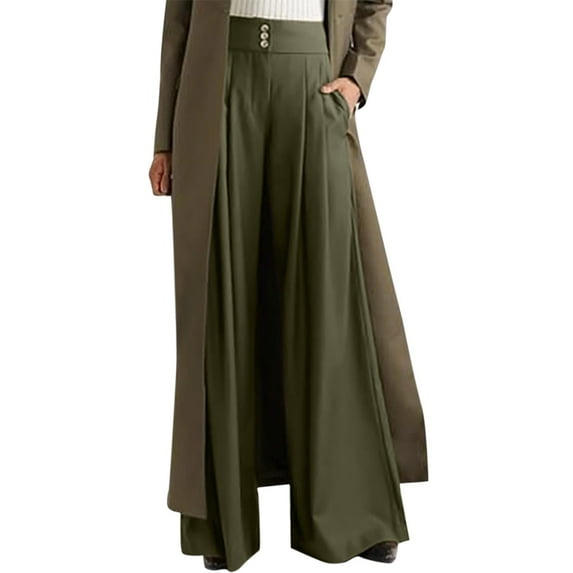 Fsqjgq Women's Pleated Wide Leg Pants Wide Leg Linen Pants for Women High Waist High Waist Wide Leg Pants Solid Pleated Casual Pants Pockets Trousers Green Xl
