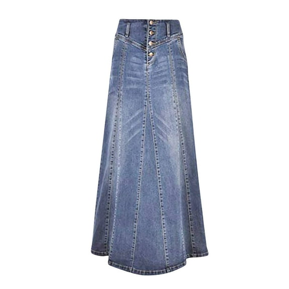 Fsqjgq Women's Retro Long Jean Skirt Exposure Button Fly Wrap A Line Maxi Pleated Skirt Basic Versatile High Waist Denim Skirts