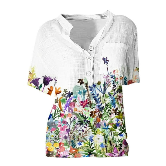 Fsqjgq Women's Solid Short Sleeve Top Blouse Shirt Spring Sweater Womens Button up Cotton and Linen Short Sleeve Printed Floral Blouse with Pocket White Xxxl