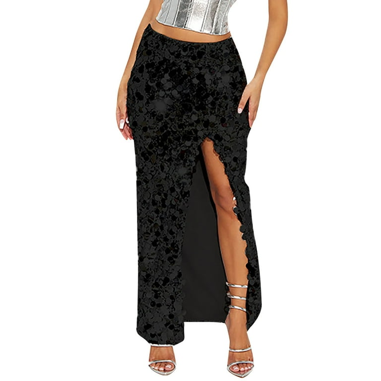 Fsqjgq Women's Sparkly Sequin Skirt Split Wrap Black Skirts