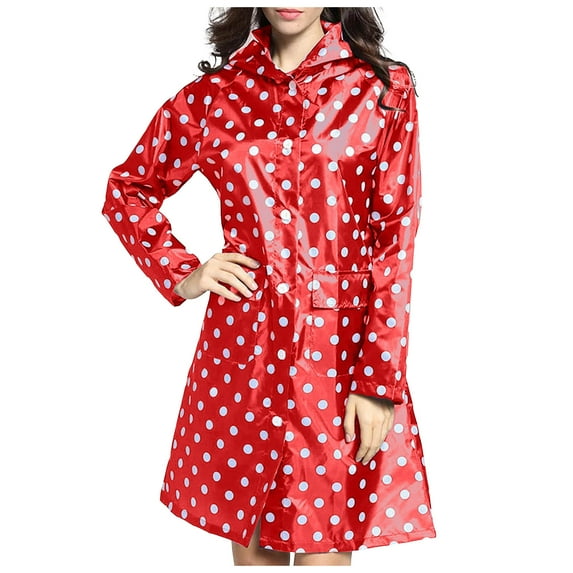 Fsqjgq Women's Waterproof Raincoat Polka Dot Rain Jackets Lightweight Outdoor Hooded Windbreaker Thin Breathable Rainproof Foldable Long Rain Coats