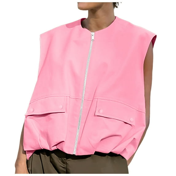 Fsqjgq Women's Zip up Cargo Vests Street Fashion Ruched Hem Sleeveless Jacket Tops Casual Zip Up Cargo Vest Loose Blazer Coats Jackets Tops with Pockets