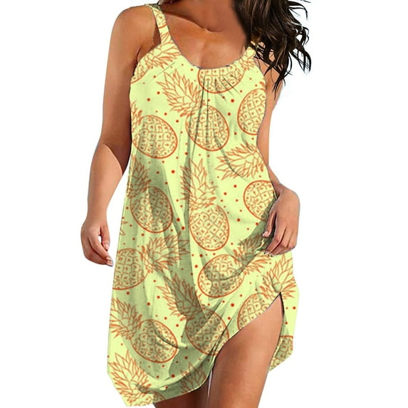 Fsqjgq Womens Beach Dresses Cute Pineapple Prints Mini Dress for Women Summer Boho Fashion Sleeveless Crew Neck Tank Dress Daily Vacation Purple L