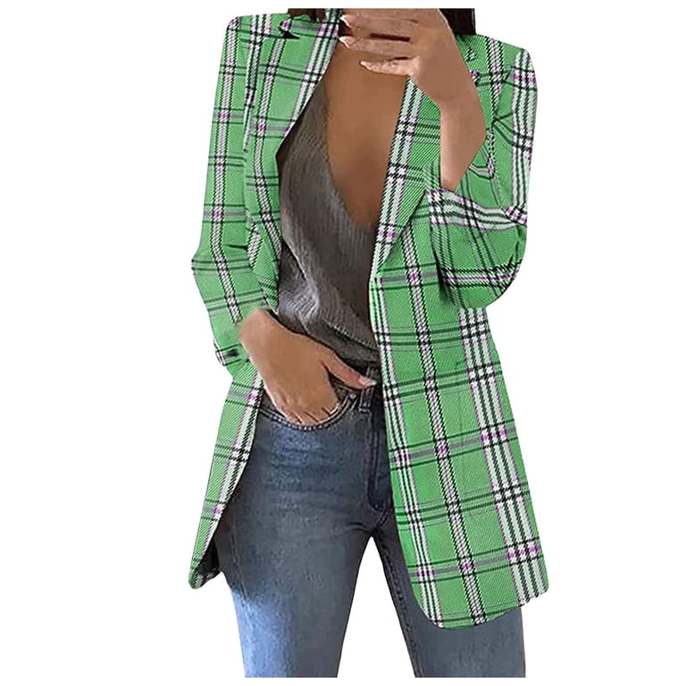 Fsqjgq Womens Business Casual Plaid Blazers Plus Size Long Sleeve