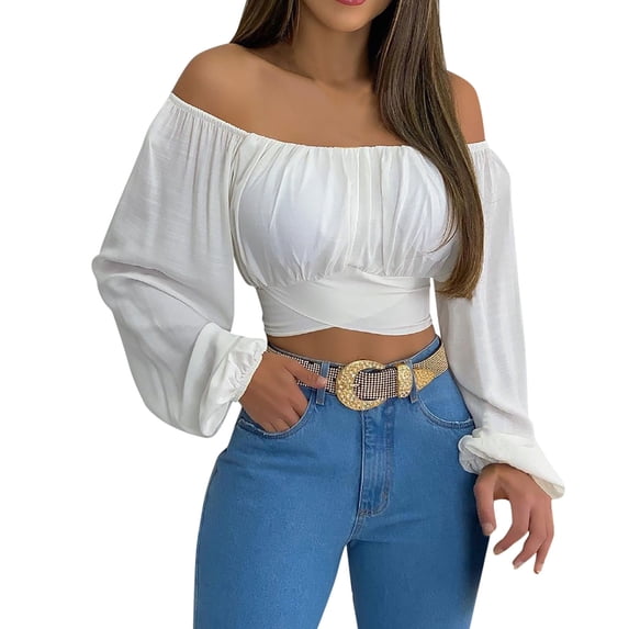 Fsqjgq Womens Button down Blouses Tops Women Blouse Women Cute Off Shoulder Long Sleeve Self Tie Knot Crop Tube Top Blouse White S