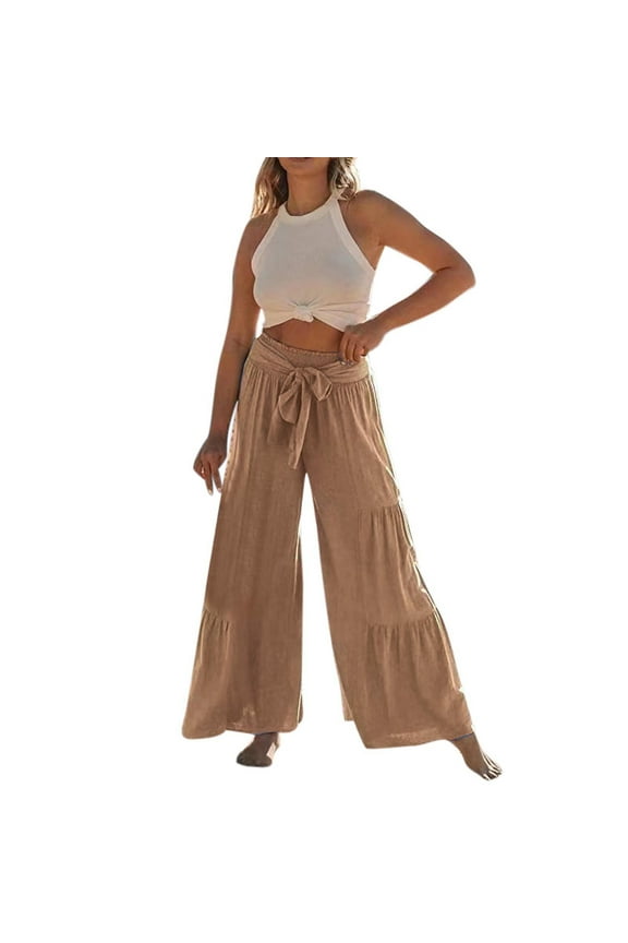 Womens Casual Elastic Waist Jogging Pants Yoga Pants with Pockets for Women Summer High Waisted Cotton Linen Flare Palazzo Pants Beach Pant Long Bell Bottom Lounge Trousers Green L