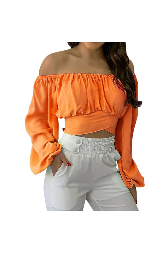 Womens Cotton Button down Shirt Women Shirts Women Cute Off Shoulder Long Sleeve Self Tie Knot Crop Tube Top Blouse Orange Xl