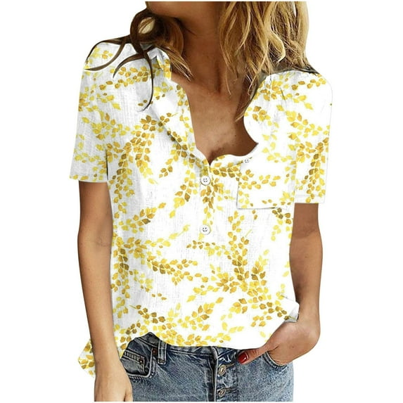 Fsqjgq Womens Dressy Blouses Tops Black Dress Shirt Women Button up Cotton and Linen Short Sleeve Printed Floral Blouse with Pocket Yellow L