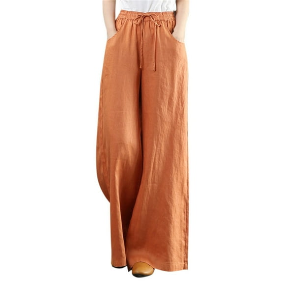 Fsqjgq Womens Elastic Waist Plaid Pants Women Pants Casual Women Summer High Waisted Cotton Linen Palazzo Pants Wide Leg Long Lounge Pant Trousers with Pocket Orange L