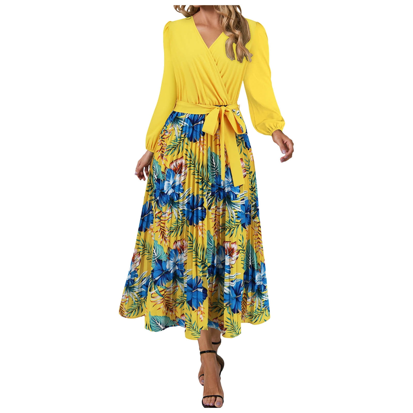 Fsqjgq Womens Fall Fashion 2024 Floral Maxi Dress Winter Flower Print V ...