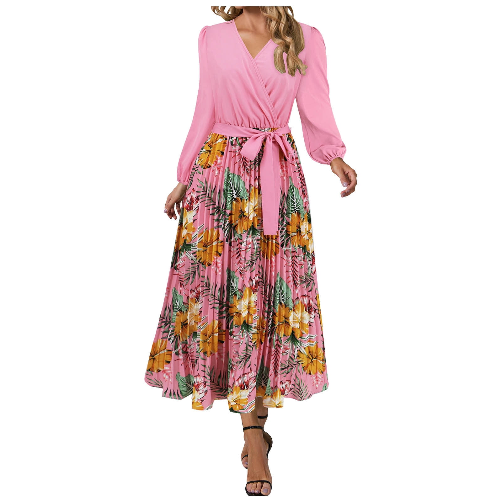 Fsqjgq Womens Fall Fashion 2024 Floral Maxi Dress Winter Flower Print V ...