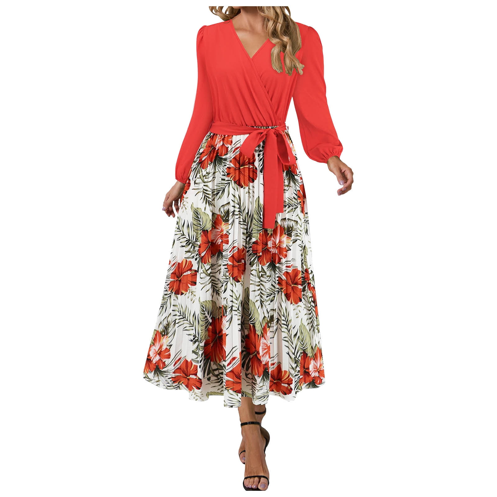 Fsqjgq Womens Fall Fashion 2024 Floral Maxi Dress Winter Flower Print V ...