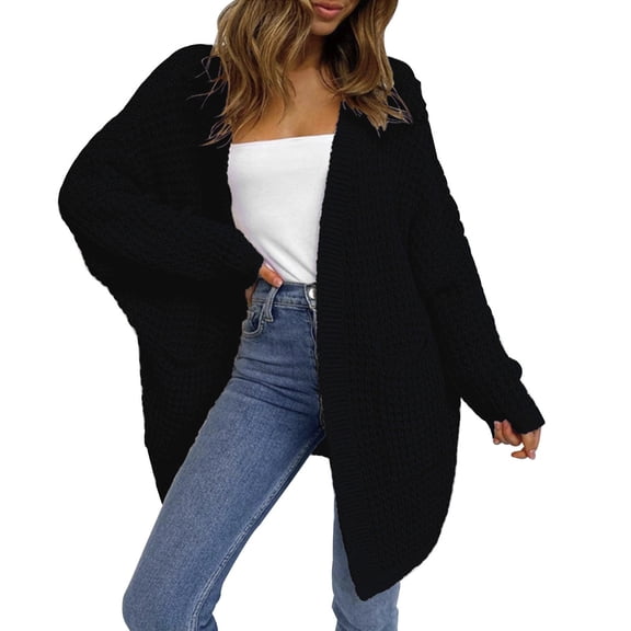 Fsqjgq Womens Fall Fashion 2024 Open Front Cardigan Sweaters Oversized Cozy Loose Cable Knit Long Sweater Coat Pocket Outerwear L,Black