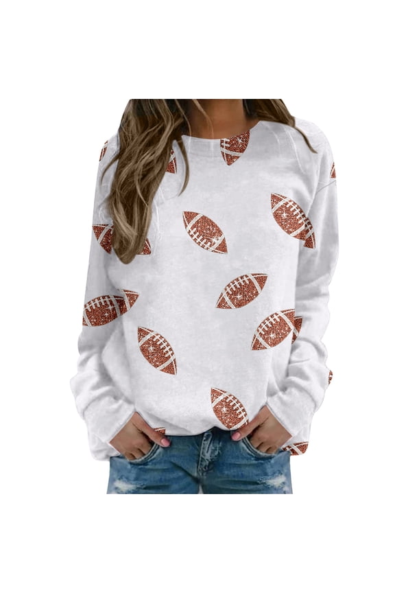 Womens Football Sequin Rugby Sweatshirt Game Day Y2K Crewneck Oversized Hoodies Long Sleeve Pullover Tops Blouse White M