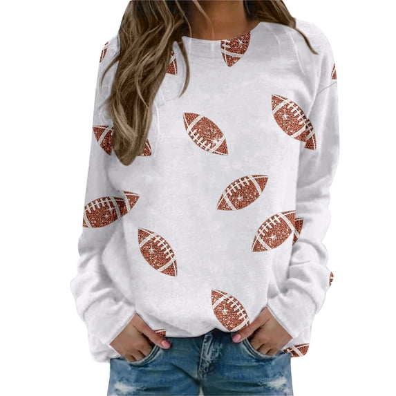 Fsqjgq Womens Football Sequin Rugby Sweatshirt Game Day Y2K Crewneck Oversized Hoodies Long Sleeve Pullover Tops Blouse White S