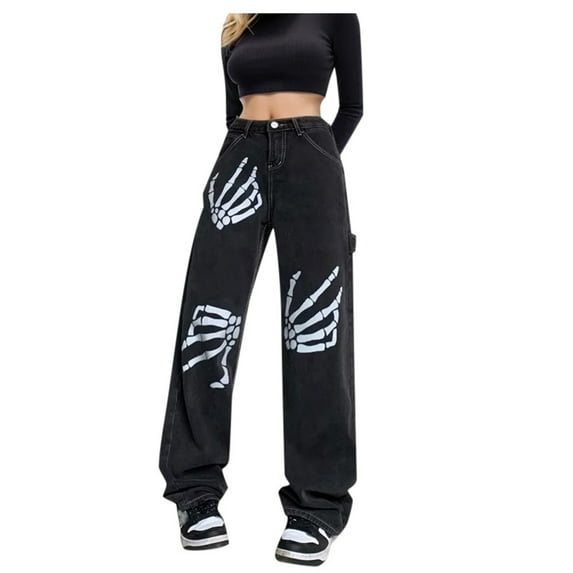 Fsqjgq Womens Jeans Black Jeans for Women High Street Bone Printed Jeans for Men and Women Trendy Hop Loose Straight Leg Wide Leg Pants Barrel Baggy Jeans with Pockets High Waist Jeans Denim Pants