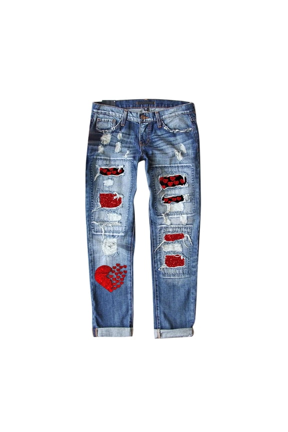 Womens Jeans Blue Jeans for Women Valentine's Day Plaid Patch Ripped Jeans Love Printed Denim Pants Skinny Distressed Denim Jeans Plus Size Straight Leg Jeans High Waisted Denim Pants