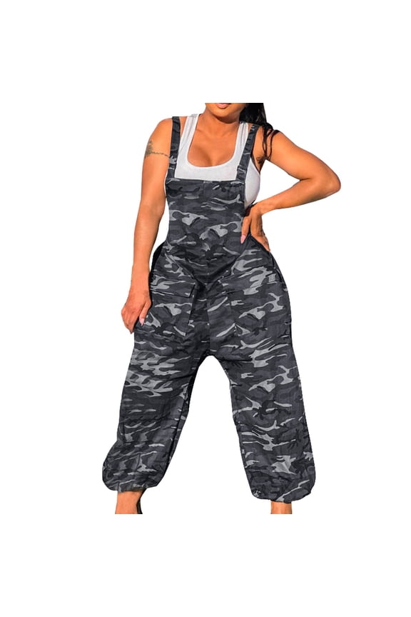 Womens Jumpsuit Rompers Loose Comfy Jumpsuit Women's Casual Camouflage Prints Bib Straight Leg Slacks Jumpsuit Overalls with Pocket Gray M