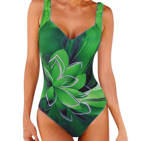 Fsqjgq Womens One Piece Swimsuits Deep V Neck Backless Thong Bikinis Tummy Control Monokinis Floral Print Training Swimwear 2XL