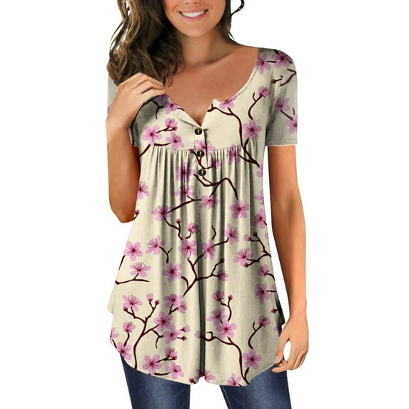 Fsqjgq Womens Shirts Trendy Petite Tops for Women Short Sleeve Button Neck Flower Printed Pleated T Shirt Top Casual Floral Fit Shirts Tee Blouse Beige 2Xl
