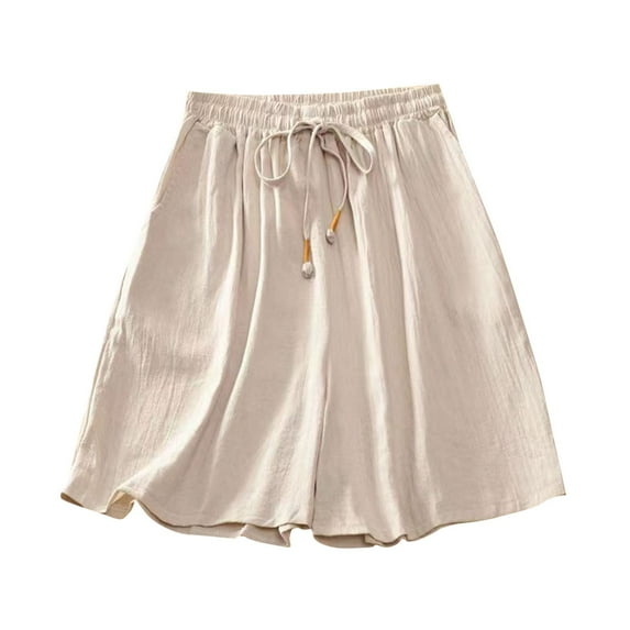 Fsqjgq Womens Shorts Stretch Lightweight Shorts for Women Loose Fitting Thin Belt Elastic Waist with Cotton Linen Broad Leg Casual Shorts Beige L
