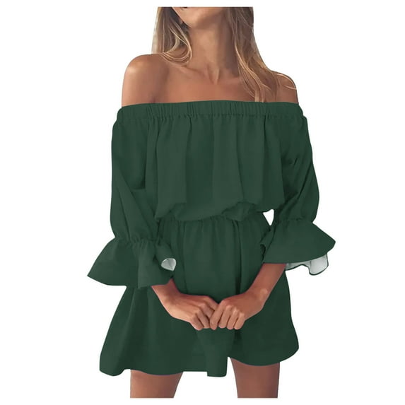 Fsqjgq Womens Summer Dresses Black Dress Party Dress Romper Dress Vintage Print Beach Vacation Dresses Off Shoulder Tunic Casual Loose Fit Bell Sleeve Mini Dress Casual Ruffle A-Line Swing Dress S