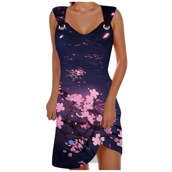 Fsqjgq Womens Summer Dresses Casual Dresses for Women Party Dress Black Dresses for Women Funeral Casual T-Shirt Vacation Dresses Elegant Suspender Metal Ring Loose Midi Skirt Printed Beach Dress M