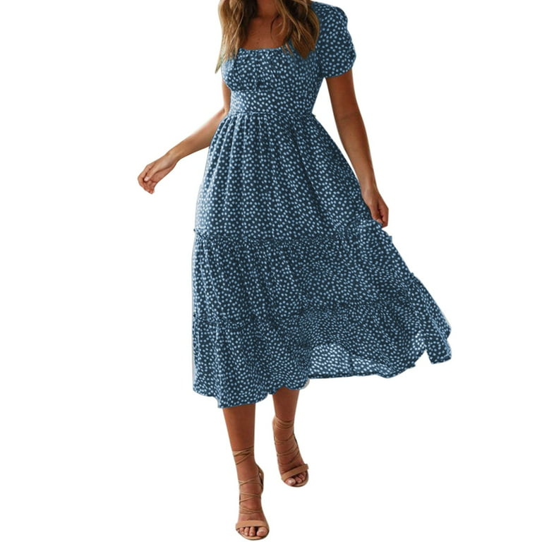 Fsqjgq Womens Summer Dresses Casual Female A Line Women's Summer Dress  Flare Sleeve Dress Floral Print Casual Flowy Midi Dress Blue Size M -  Walmart.com