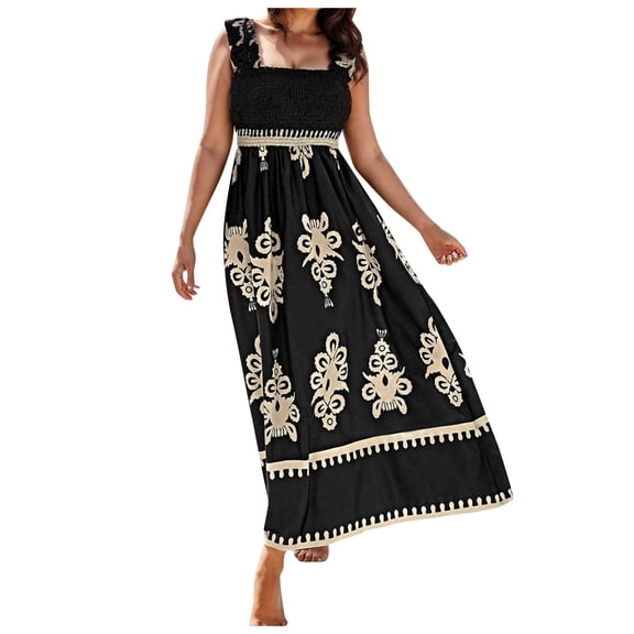 Fsqjgq Womens Summer Dresses Shirt Dresses for Women Party Dress Plus Size Womens Dresses Smocked Sleeveless Flowy Print Boho Vacation Maxi Dress Boho Vacation Dresses Casual T Shirt Dress Casual XL