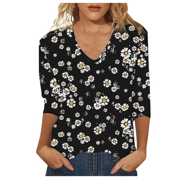 Fsqjgq Womens Summer Tops Athletic Tops for Women Tunic T-Shirt 3/4 Sleeve Shirts Fashion Simple Floral Print Tshirts V Neck Loose Casual Blouses Henley Blouses Dressy Tunic Tops Bell Sleeve Tops XL