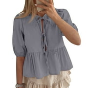 FSQJGQ Womens Summer Tops Business Casual Blusas Blouses Strap Front Shirts Leopard Print Cute Ruffle Sleeve Y2K Top 3/4 Length Puff Sleeve Peplum Blouse Cute Going Out Top Pink Tops for Woman Bu XS