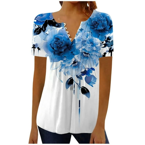 Fsqjgq Womens Summer Tops Business Casual Tops for Women T-Shirt Tunic Button Down V Neck Shirts Henley Blouses Dressy Fashion Print Clothes Short Sleeve Cardigan Fitted Tunic T Shirts Cotton Blo 2XL