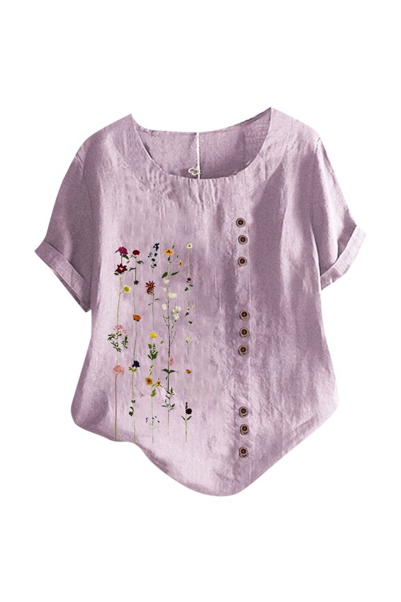 Womens Summer Tops Fashion Blusas Blouses Oversized Cotton Linen Tops Vintage Floral Printed Tunic Tops T-Shirt Plus Size Short Sleeve Graphic Button Down Shirts Womans Tops Summer Shirts XL