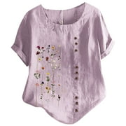 FSQJGQ Womens Summer Tops Fashion Blusas Blouses Oversized Cotton Linen Tops Vintage Floral Printed Tunic Tops T-Shirt Plus Size Short Sleeve Graphic Button Down Shirts Womans Tops Summer Shirts XL