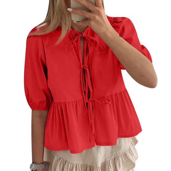 Fsqjgq Womens Summer Tops Fashion Blusas Blouses Strap Front Shirts Leopard Print Cute Ruffle Sleeve Y2K Top 3/4 Length Puff Sleeve Peplum Blouse Cute Going Out Top Hot Pink Tops for Women White M