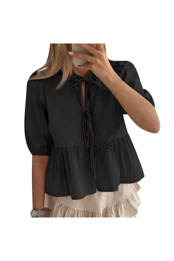 Womens Summer Tops Fashion Tunic Blouses Strap Front Shirts Leopard Print Cute Ruffle Sleeve Y2K Top 3/4 Length Puff Sleeve Peplum Blouse Cute Going Out Top Flowy Tops for Women Hawaiian S XS