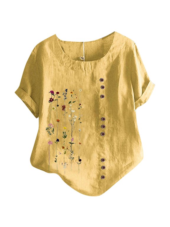 Womens Summer Tops Trendy Shirts Blouses Women's Oversized Cotton Linen Tops Vintage Floral Printed Tunic Tops T-Shirt Plus Size Short Sleeve Graphic Button Down Shirts Women White Blouse S