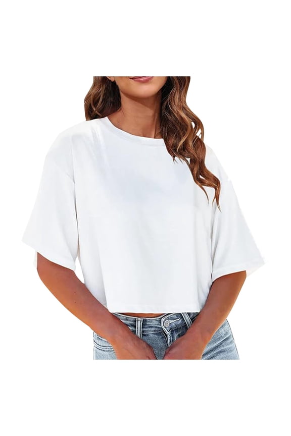 Womens Summer Tops White Button Down Shirt Women Blouse Tunic Crew Neck Cropped T Shirts Short Sleeve Loose Shoulder Crop Tee Tops Basic Tee Shirts Comfy Tunic Blouse White Cotton Shirts f 2XL
