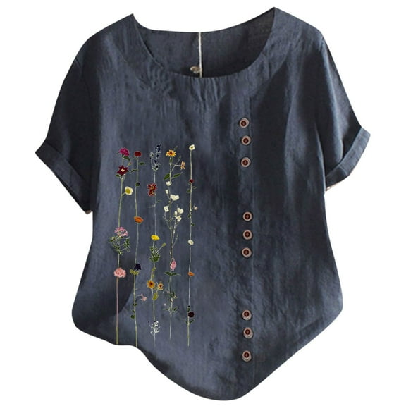 Fsqjgq Blouse Womens Tops Blue Button Down Long Sleeve Shirts for Women White Summer Tops for Women Oversized Cotton Linen Tops Floral Print Tunic Tops T-Shirt Plus Size Short Sleeve Graphic Button D