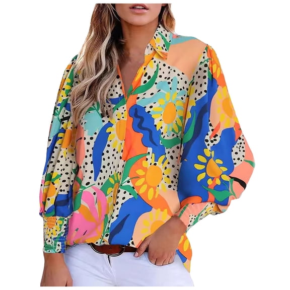 Fsqjgq Womens Summer Tops Womens Fashion Shirt Blouses Womens Casual V Neck Boho Blouse Long Puff Sleeve Floral Print Chiffon Shirts Colorful Summer Fall Tops 2024 Summer Blouses Cute Tops M
