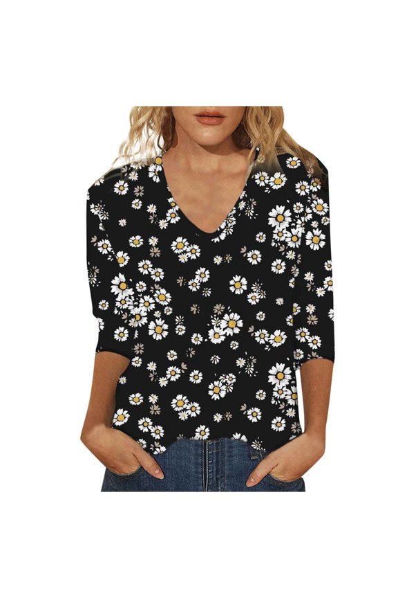 Womens Summer Tops Womens Short Sleeve Tops Blouse Tunic 3/4 Sleeve Shirts Fashion Simple Floral Print Tshirts V Neck Loose Casual Blouses Henley Blouses Dressy Tunic Tops Brown Tops for Wo M