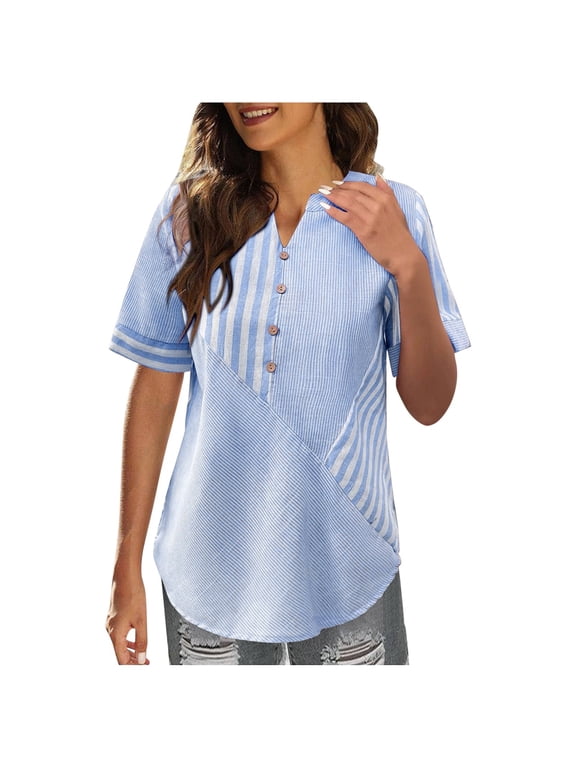 Womens Summer Tops Y2K Tops T-Shirt Tunic Women's Fashion Casual Cotton Material New Striped Splicing Short Sleeved T Shirt Color Shirt Tunic Tops Sports Tee Summer Outfits for Women 2024 L