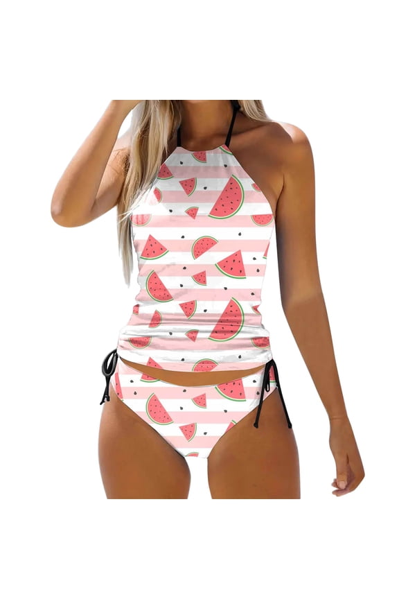 Womens Swimsuits Cherry Fruit Printed Cute Tankinis Beachwear Plus Size Two Piece Bikini Sets Drawstring Padded Bathing Suits XL