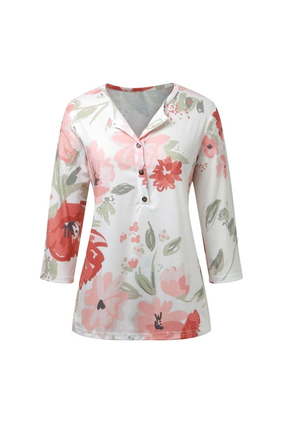 Womens Tops Elegant Womens White Shirt Blouse Tops ShirtWomens 3/4 Length Sleeve Tops Casual Button Down Summer Shirts Loose Fit Three Quarter Length Sleeve Blouse Seersucker Shirts for Wo L