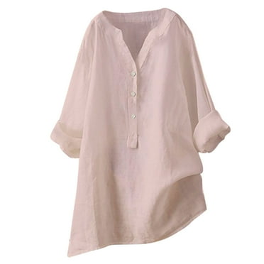 Fsqjgq Womens Tops Elegant White Tops Pink Blouse Tops Shirt Oversized Cotton Linen Shirts Blouses Casual Spring Summer Loose V Neck Button Up Long Sleeve Shirt Tunic Tops Women Apparel 3XL