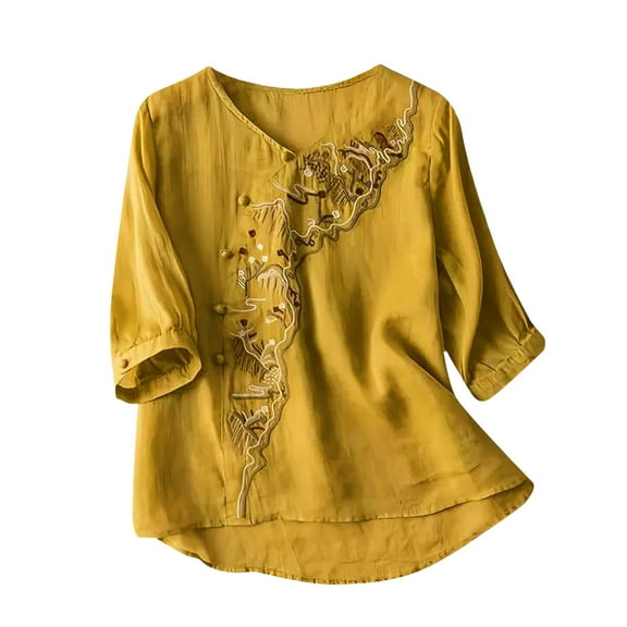 Fsqjgq Womens Tops Fashion Women Button Up Shirt Yellow Blouse Tops Shirt Women's Embroidered Shirt Puff Short Sleeves Round Neck Bohemian Casual Loose Button T Shirt Womens Tops and Blouses 2XL