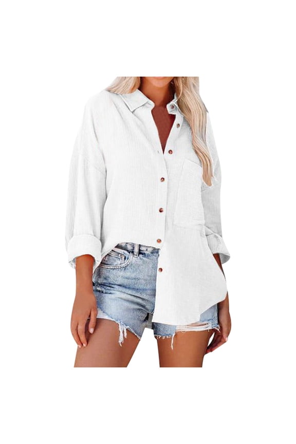Womens Tops Trendy Summer Blouses for Women 2024 White Blouse Tops Shirt Button Down Shirts Off Shoulder Batwing Sleeve Dress Shirts Long Sleeve Blouses V Neck Solid Casual Tunics Tops Spr L