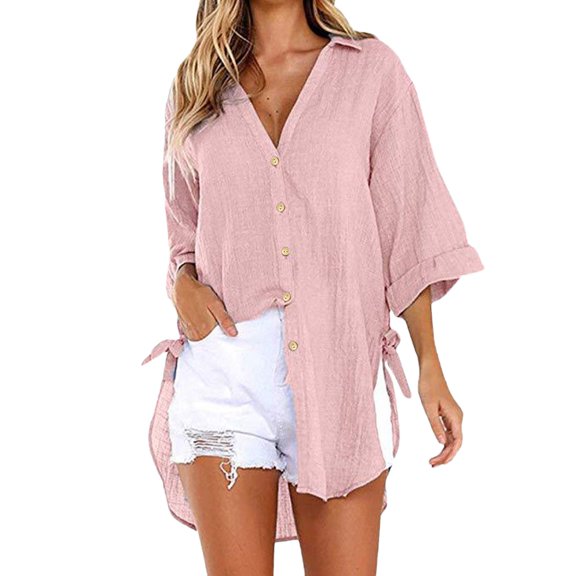 Fsqjgq Womens V Neck Short Sleeve Tunic Tops Casual T-Shirts Women Clothes Women's New Tie up V Neck Loose Slit Hem Shirt Pink Xxl